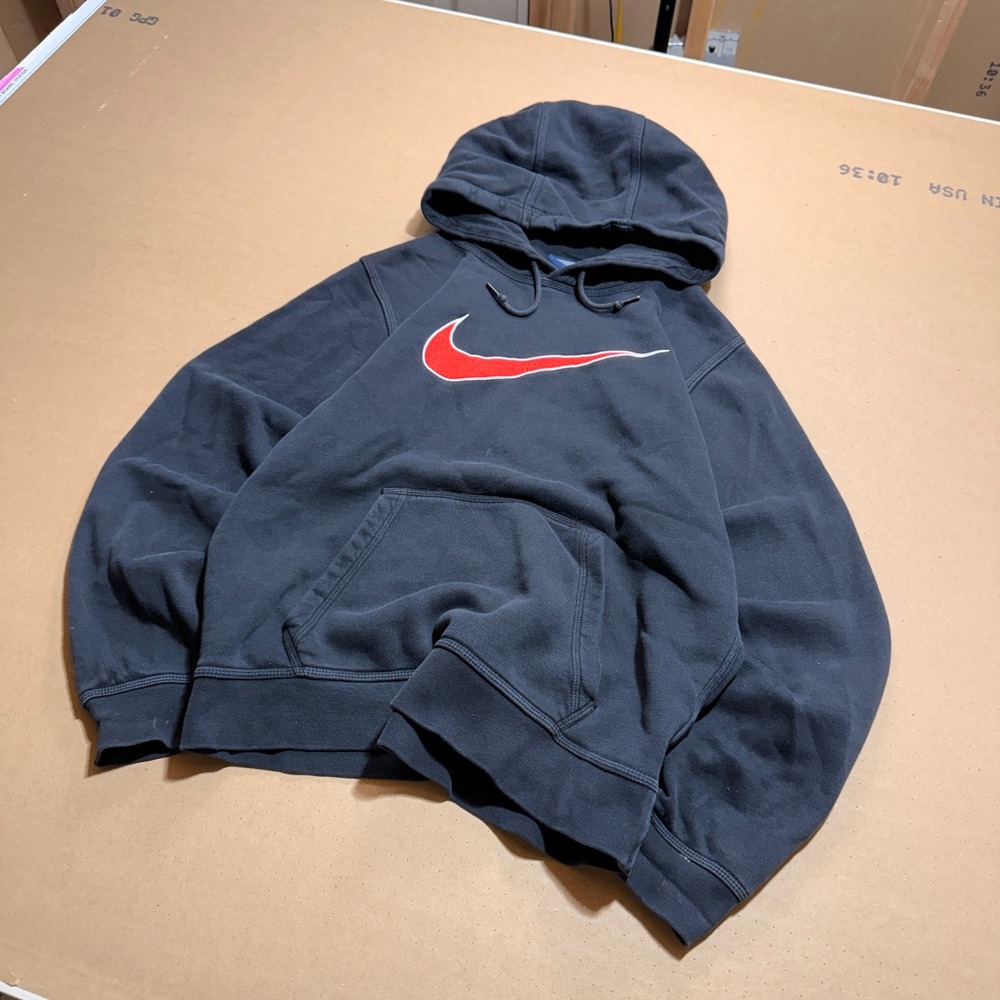 Vintage Nike Hoodie Small Black Excellent Red Swoosh Pullover Sweatshirt Mens